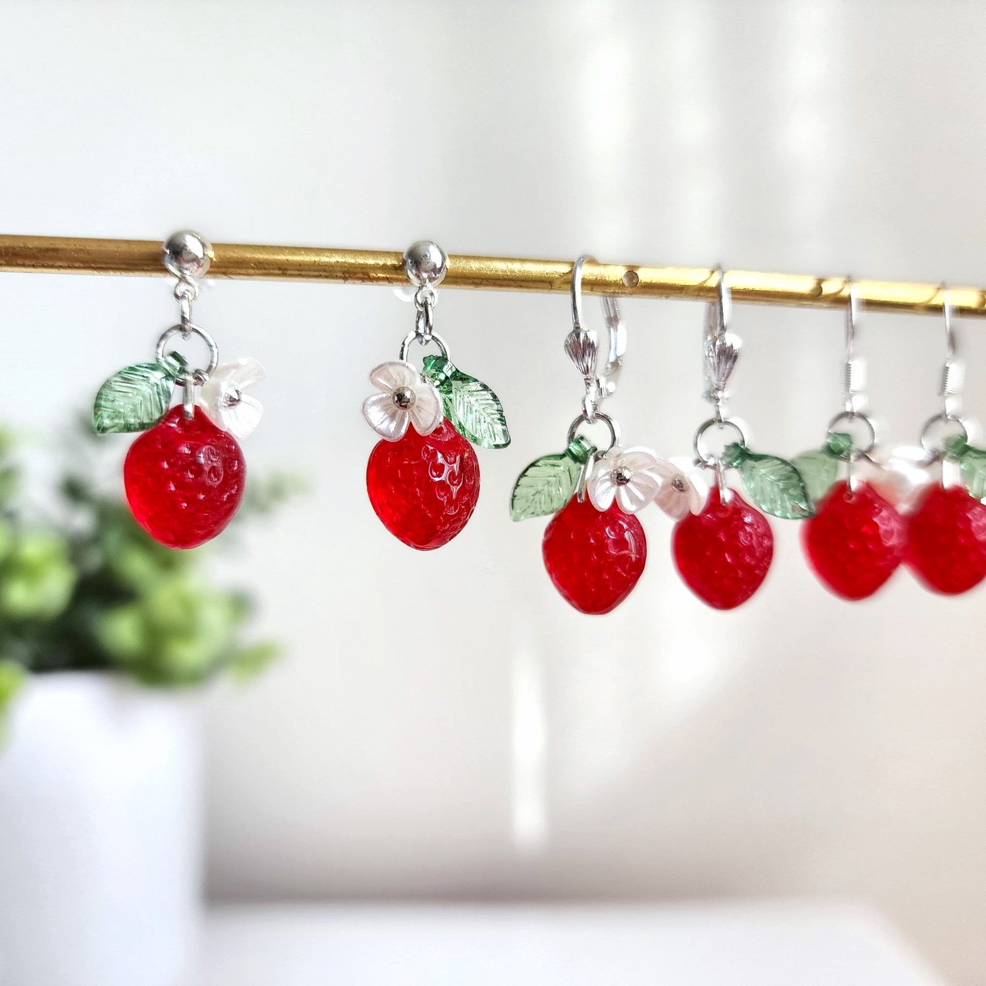 Mini Strawberry earrings, Glass Strawberry dangle earrings, Fruit earrings, Food earrings, Gift for her