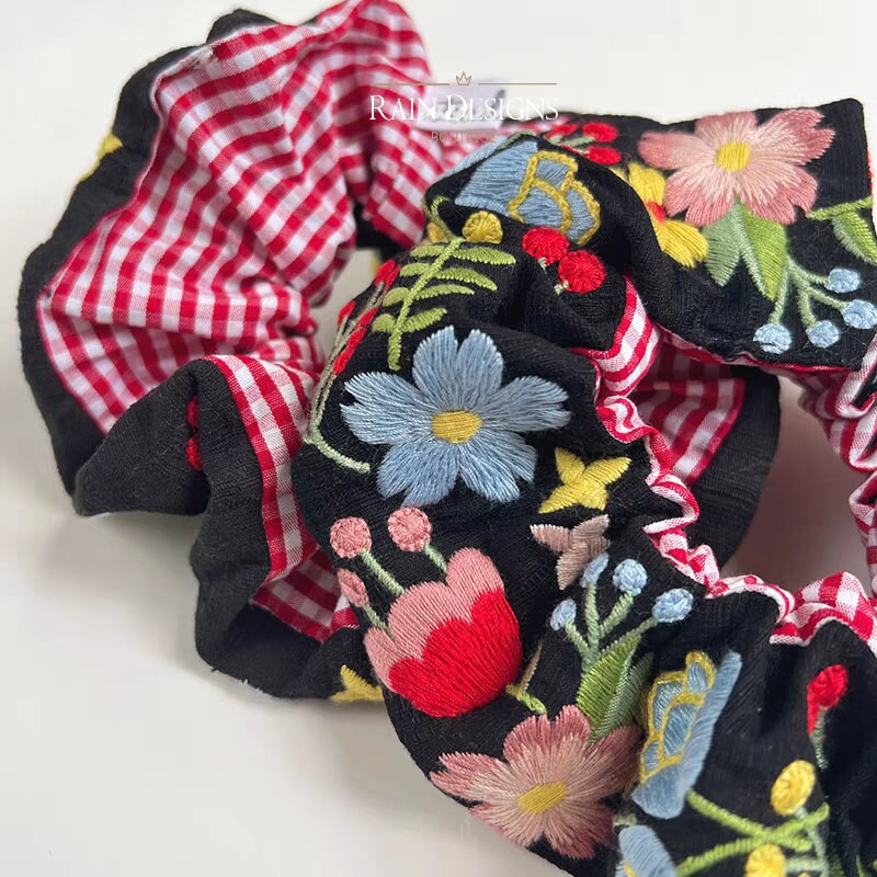 Blackening colorful flowers embroidered scrunchie, Cotton flower hair tie, Gift for her