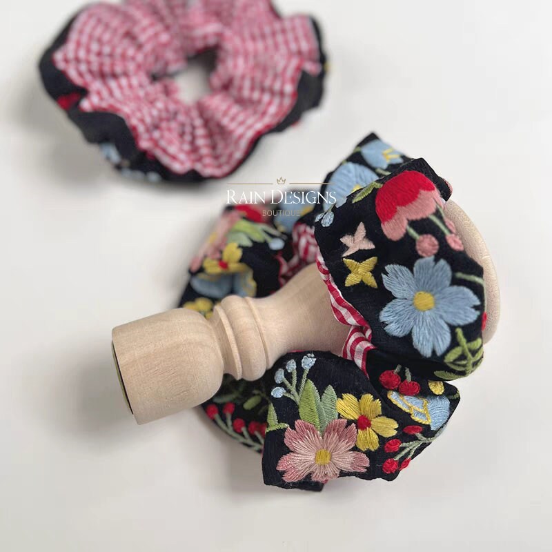 Blackening colorful flowers embroidered scrunchie, Cotton flower hair tie, Gift for her
