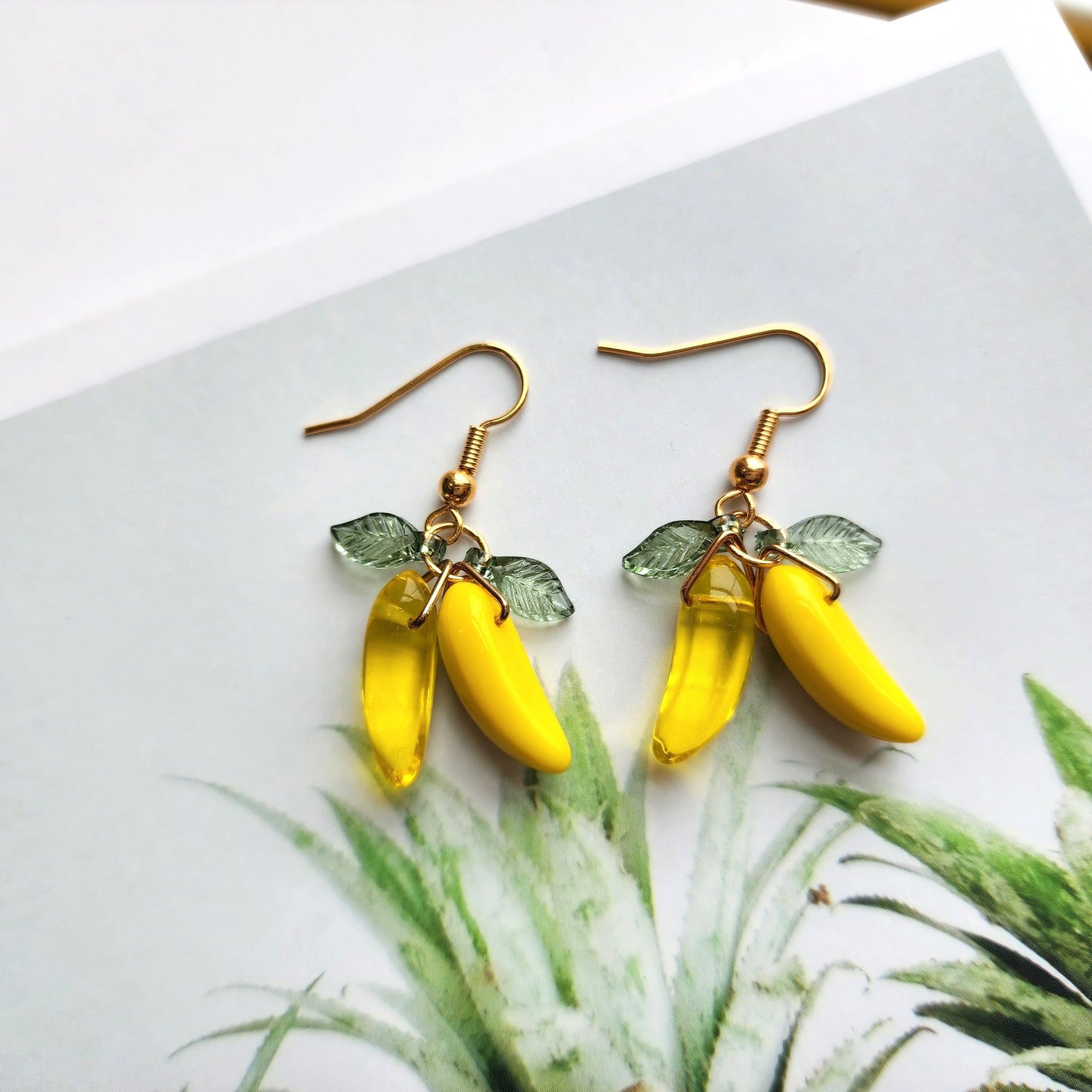 Banana earrings, glass banana dangle earrings, fruit earrings, food earrings, gift for her