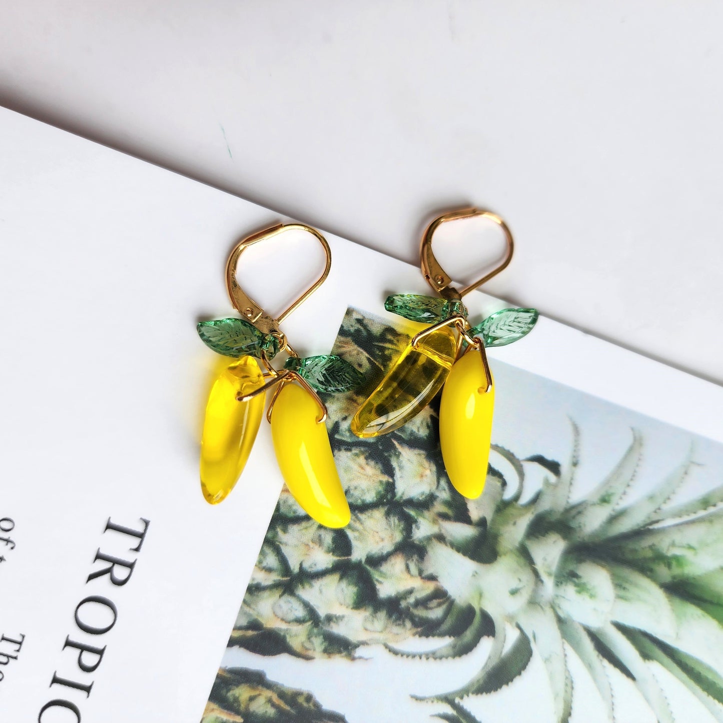Banana earrings, glass banana dangle earrings, fruit earrings, food earrings, gift for her