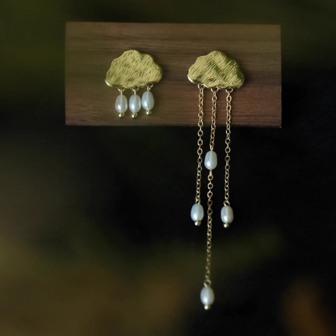Cloudy rain earrings, Natural pearl rain with gold cloud earrings, Gift for her