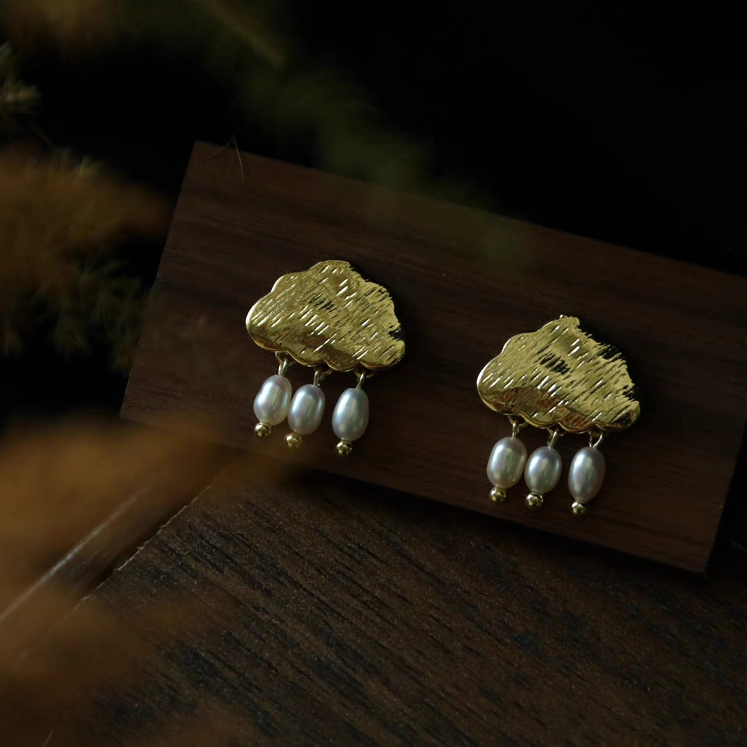 Cloudy rain earrings, Natural pearl rain with gold cloud earrings, Gift for her