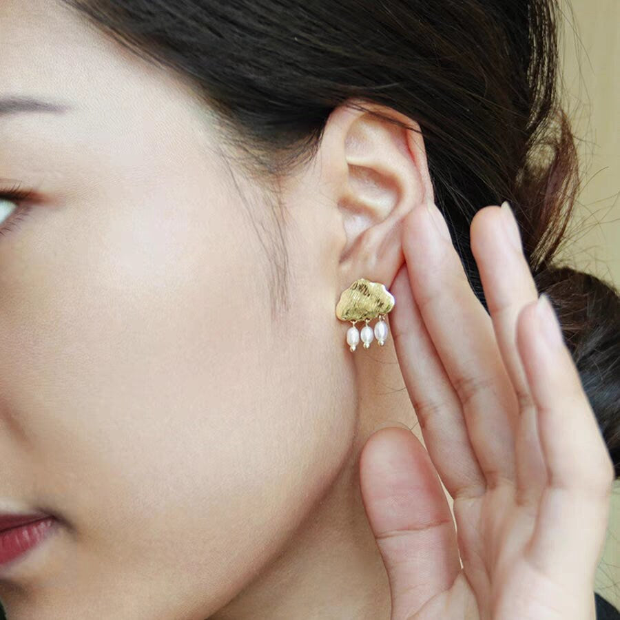 Cloudy rain earrings, Natural pearl rain with gold cloud earrings, Gift for her
