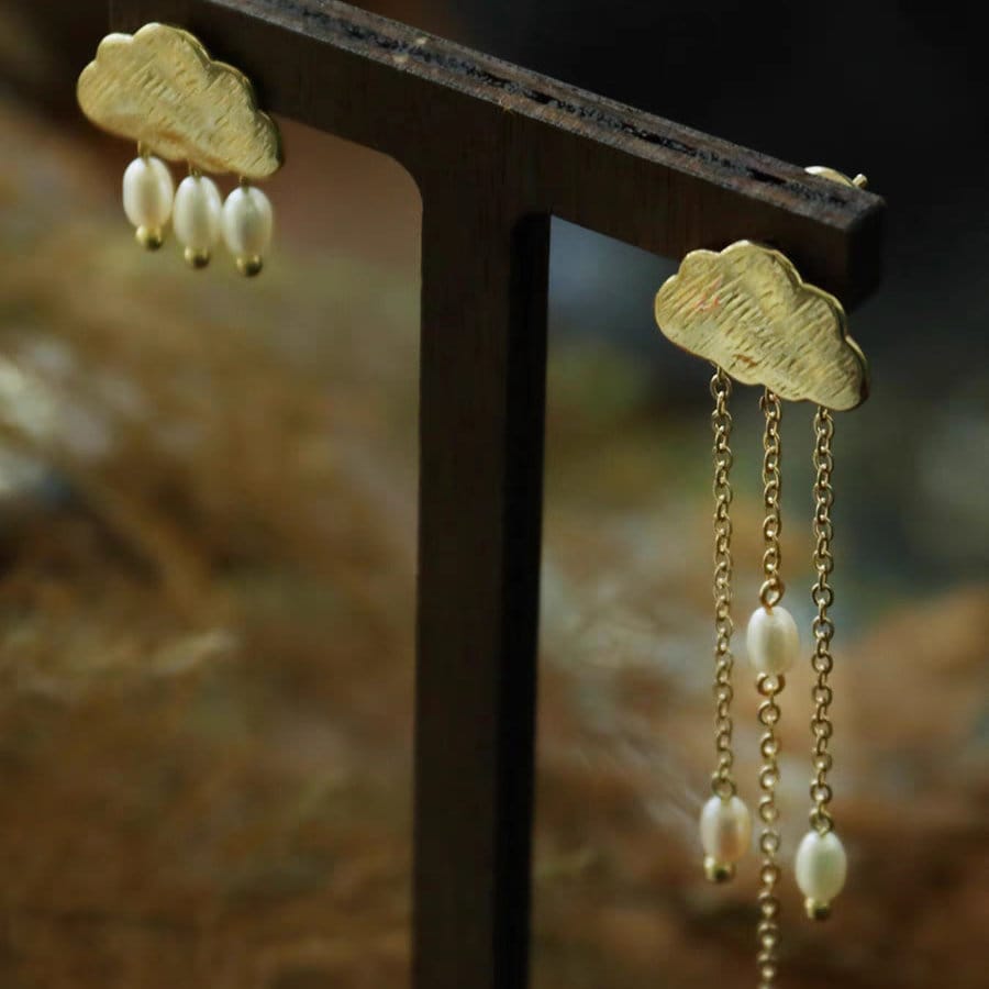 Cloudy rain earrings, Natural pearl rain with gold cloud earrings, Gift for her