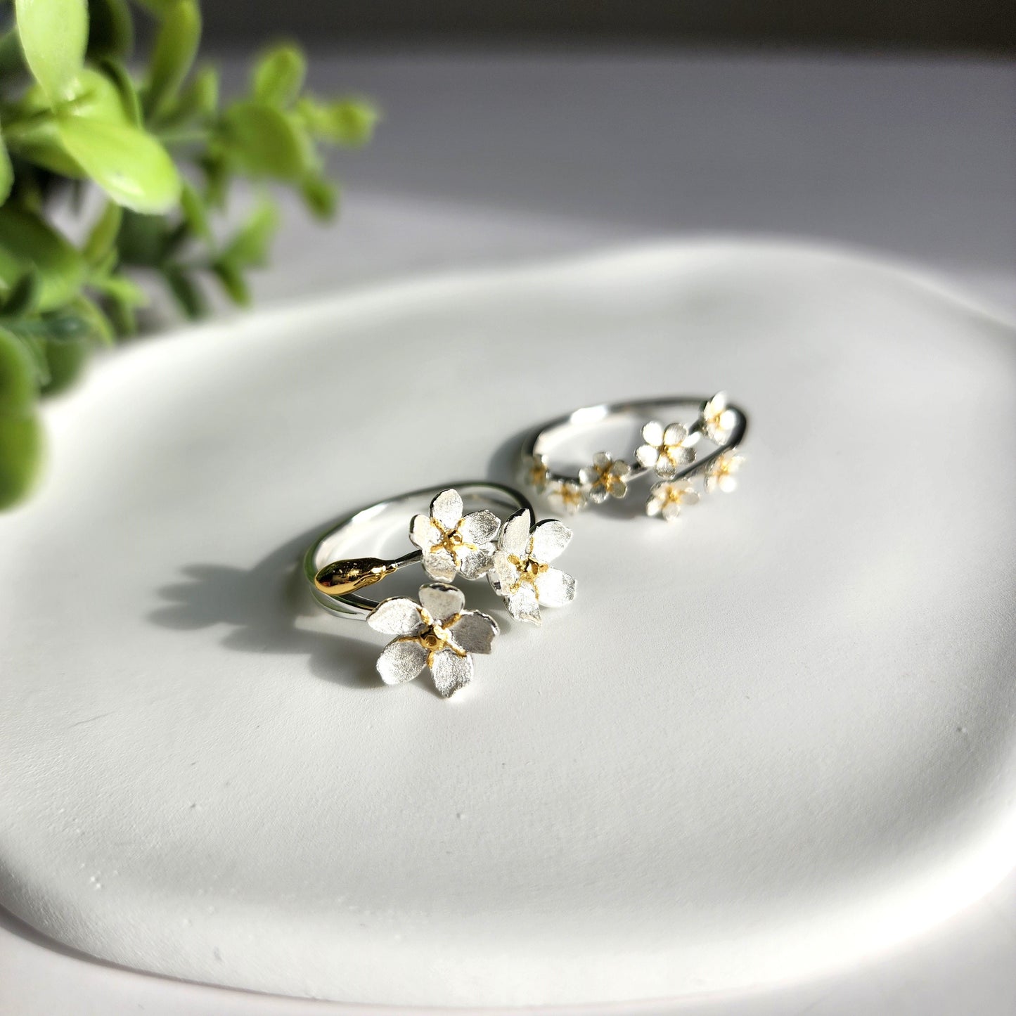 Forget Me Not S925 silver flower rings, Floral art silver and gold rings