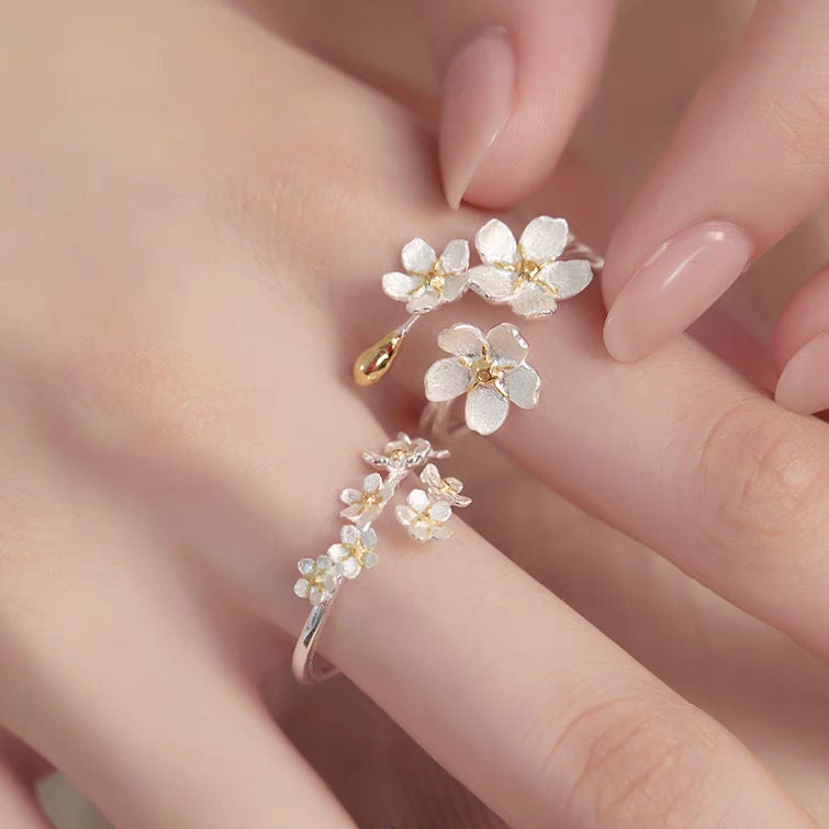 Forget Me Not S925 silver flower rings, Floral art silver and gold rings