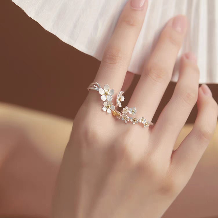 Forget Me Not S925 silver flower rings, Floral art silver and gold rings