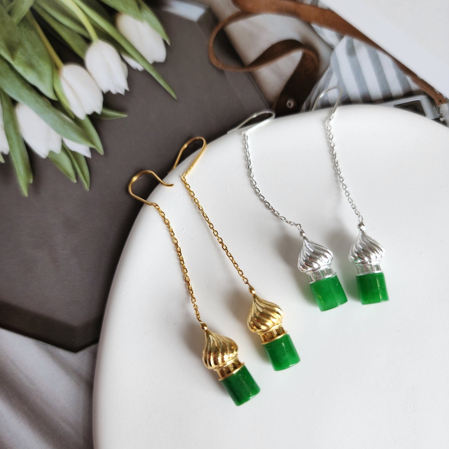 Dome Earrings, Gold and silver dome Jade earrings, Gift for her