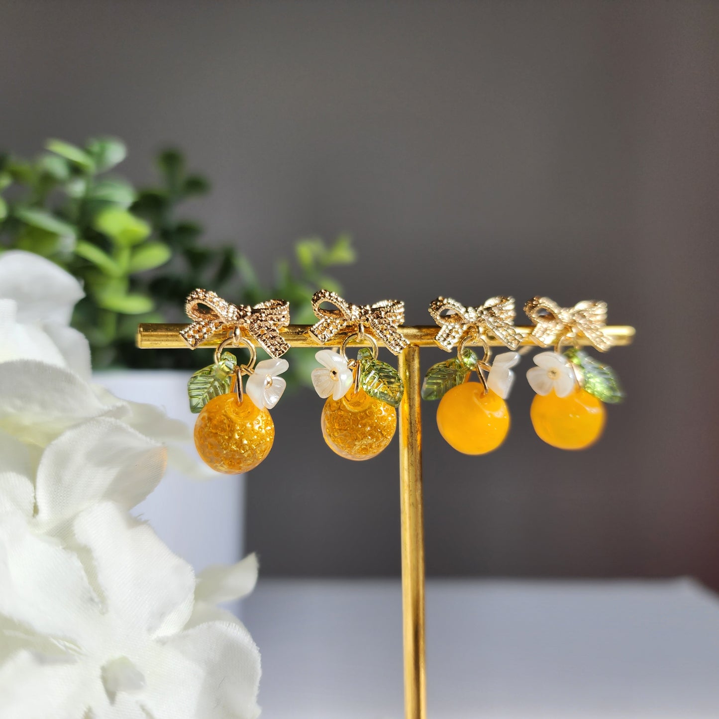 Lace Bowtie Gold Orange Fruit Earrings