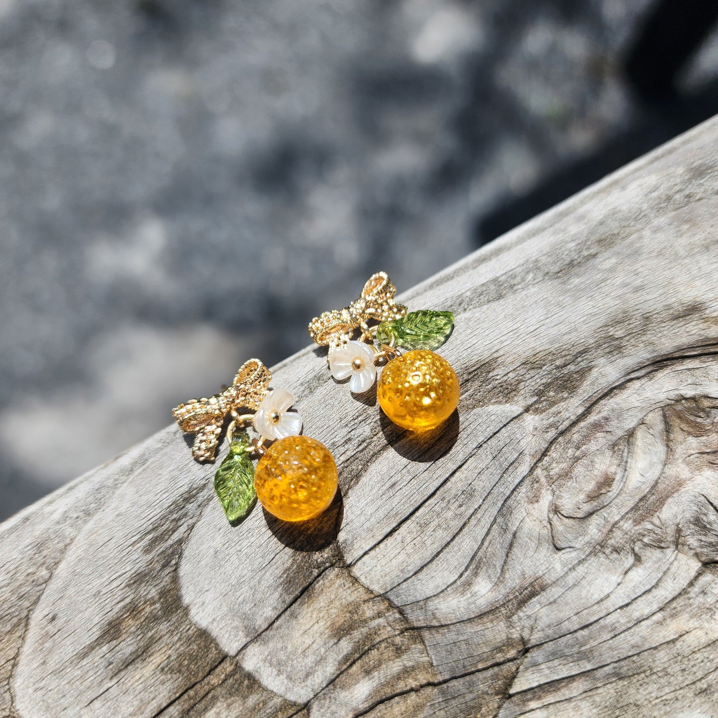 Lace Bowtie Gold Orange Fruit Earrings