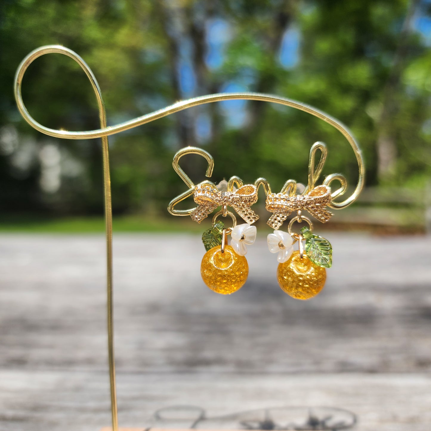 Lace Bowtie Gold Orange Fruit Earrings