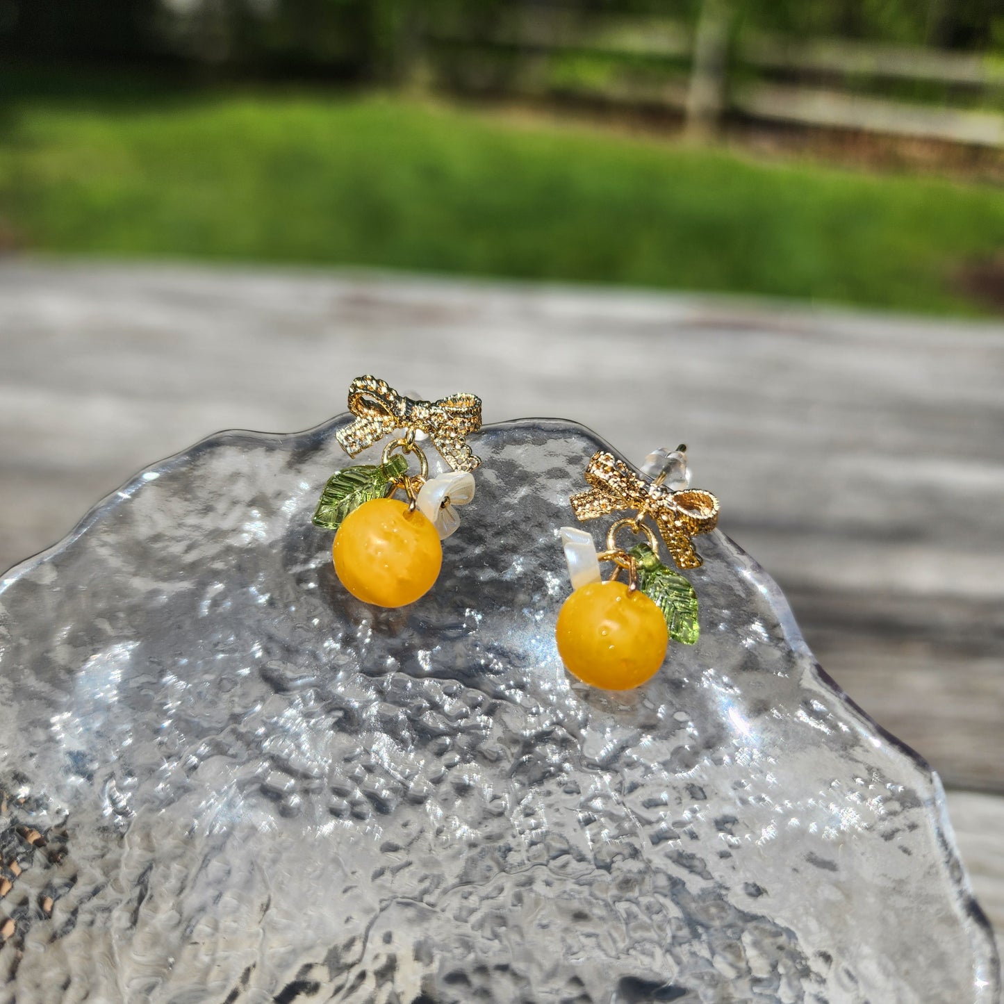 Lace Bowtie Gold Orange Fruit Earrings