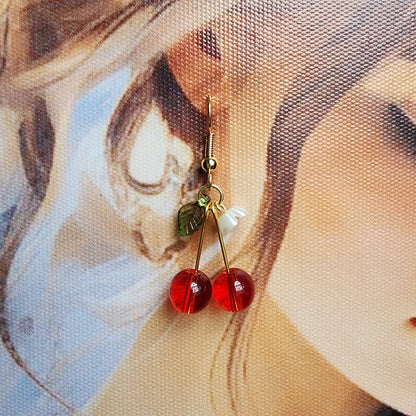 Pendientes de cereza, Pendientes colgantes de cereza roja de cristal, Pendientes de cereza de frutas, Pendientes de comida, Regalo para ella