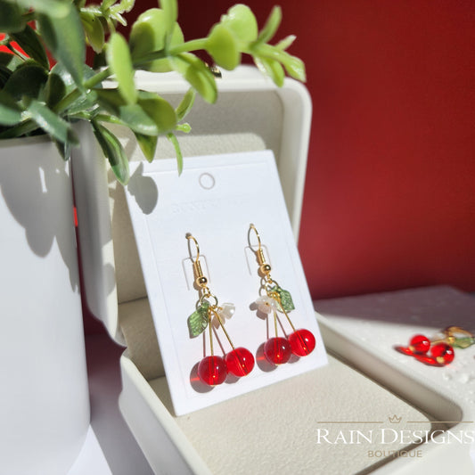 Pendientes de cereza, Pendientes colgantes de cereza roja de cristal, Pendientes de cereza de frutas, Pendientes de comida, Regalo para ella