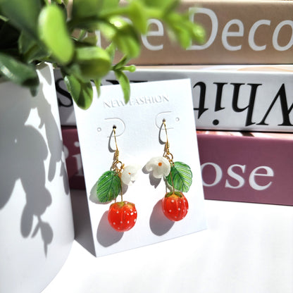 Pendientes de flores 3D de fresa, Pendientes de comida de frutas, Pendientes Cottagecore, Regalo para ella