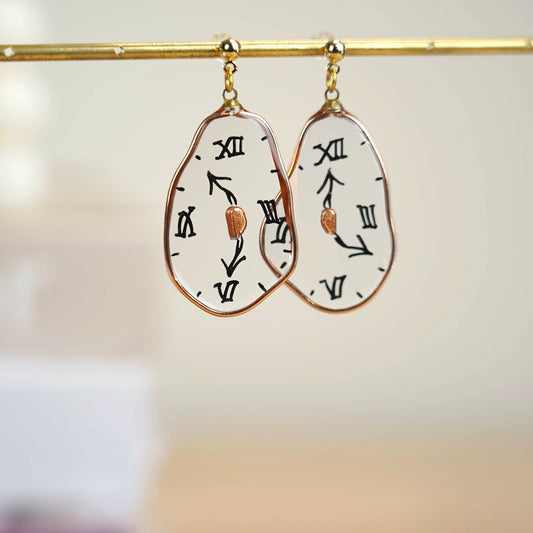 XL Melting Clocks Dangle Earrings | Hand-painted Dali's Soft Watches Earrings | Resin 925 Silver Modern Art Fun Earrings