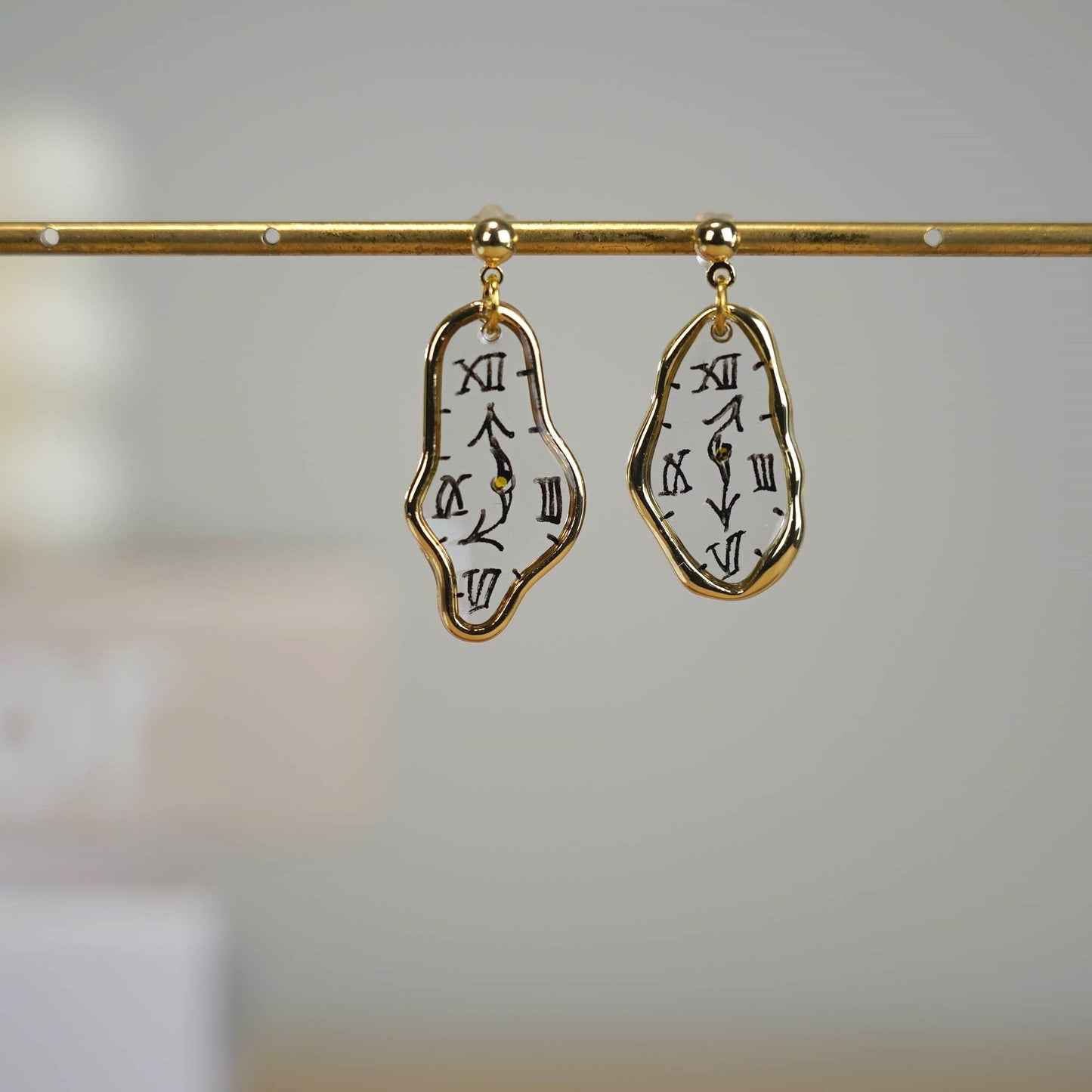 Melting Dali Clock Earrings |Hand-painted Gold and Silver Dali's Soft Watches | Resin Modern Art Earrings