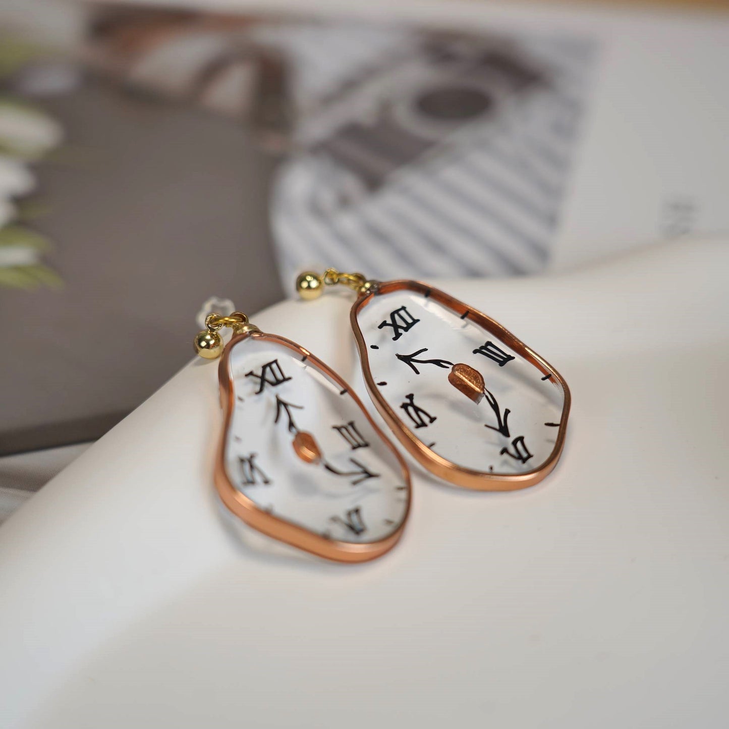 XL Melting Clocks Dangle Earrings | Hand-painted Dali's Soft Watches Earrings | Resin 925 Silver Modern Art Fun Earrings