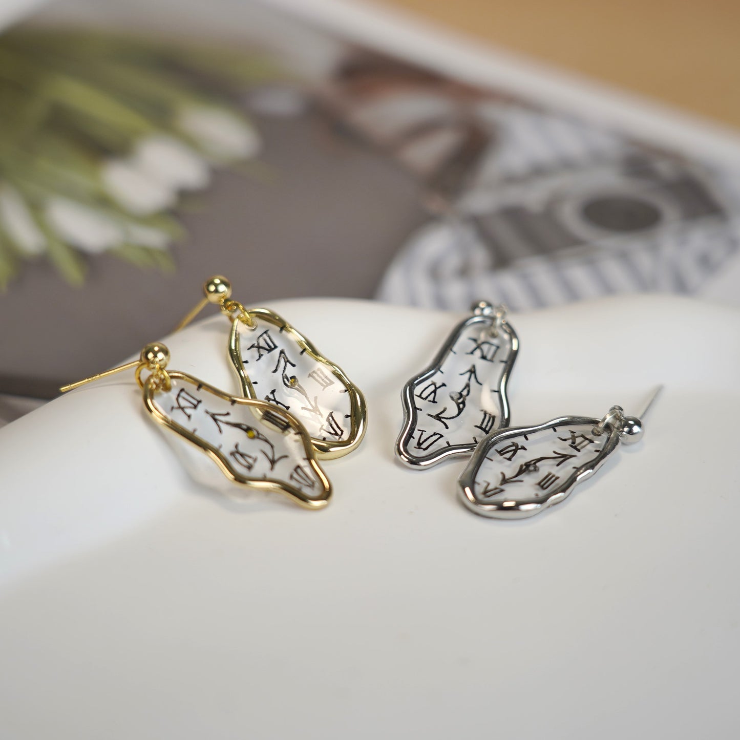 Melting Dali Clock Earrings |Hand-painted Gold and Silver Dali's Soft Watches | Resin Modern Art Earrings