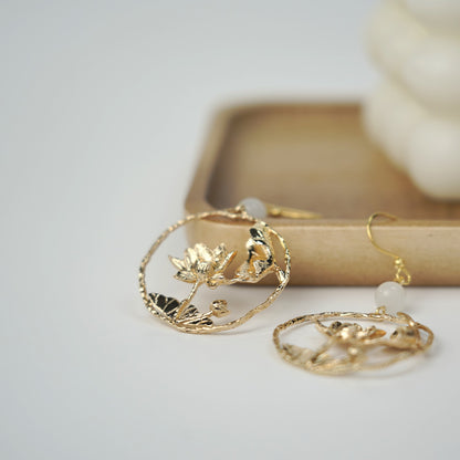 Golden Lily Pad and Lotus Flower Dangle Earrings | Water Lily Flower Dangle Earrings