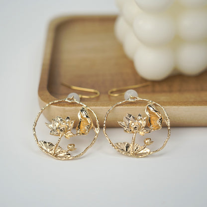 Golden Lily Pad and Lotus Flower Dangle Earrings | Water Lily Flower Dangle Earrings