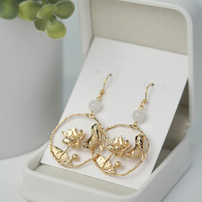 Golden Lily Pad and Lotus Flower Dangle Earrings | Water Lily Flower Dangle Earrings