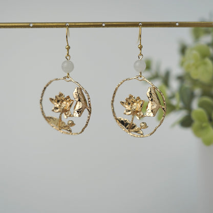 Golden Lily Pad and Lotus Flower Dangle Earrings | Water Lily Flower Dangle Earrings