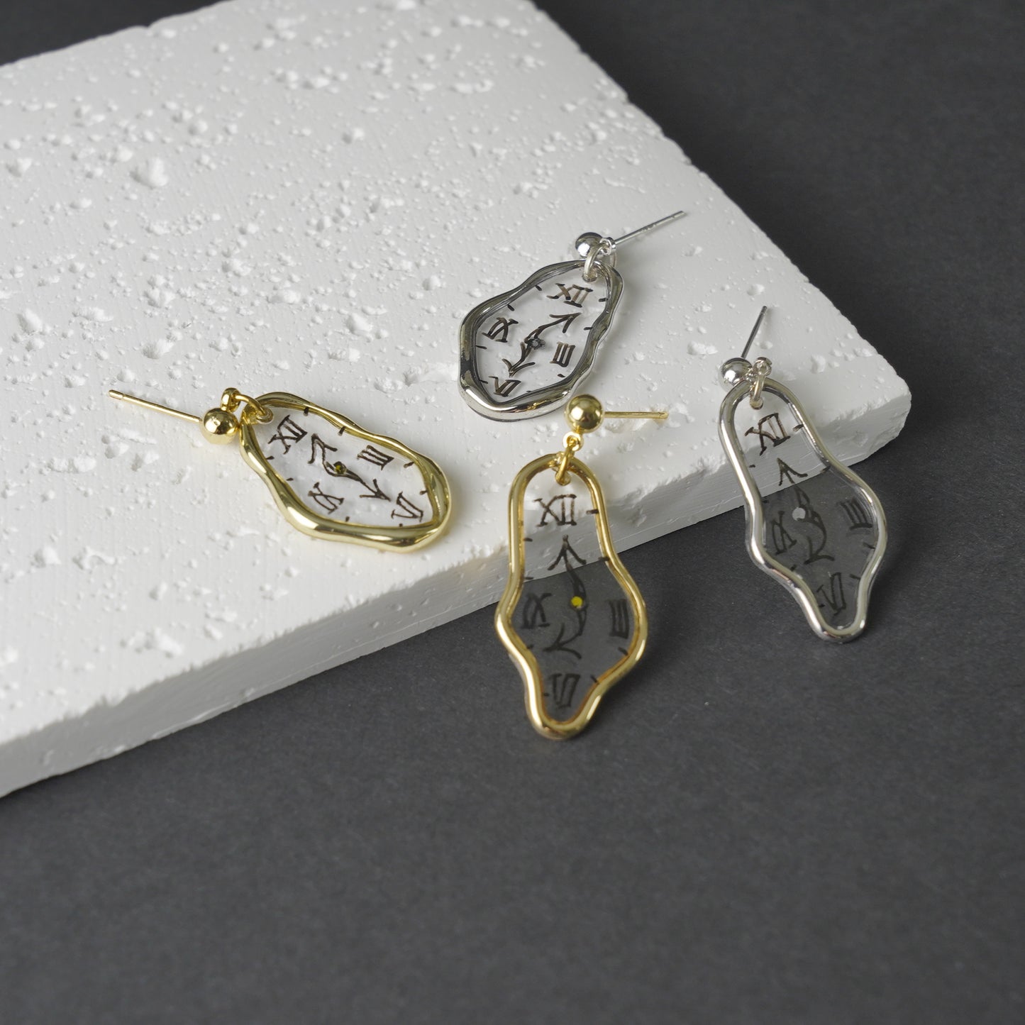 Melting Dali Clock Earrings |Hand-painted Gold and Silver Dali's Soft Watches | Resin Modern Art Earrings