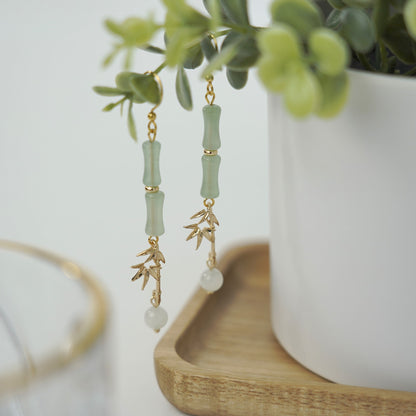 Bamboo Dangling Earrings | Natural Jade Bamboo Leaf Fun Earrings