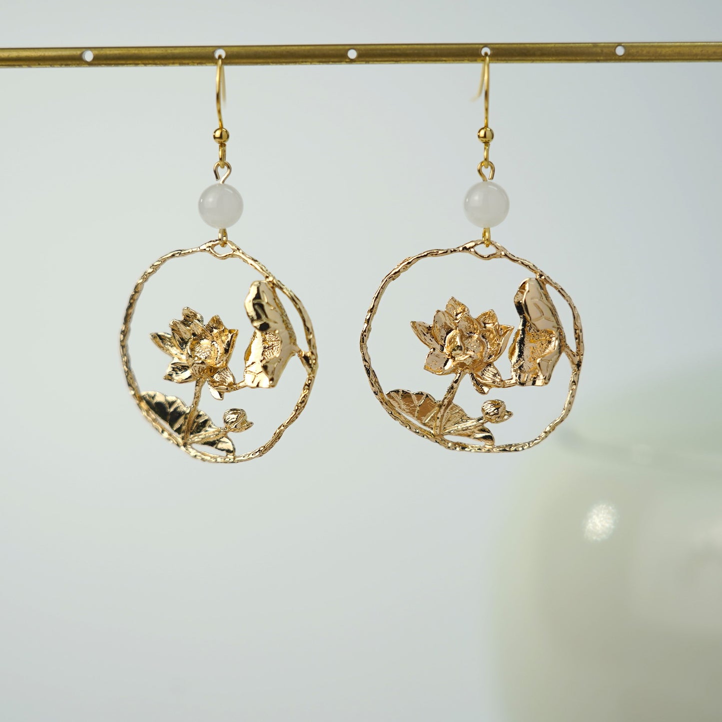 Golden Lily Pad and Lotus Flower Dangle Earrings | Water Lily Flower Dangle Earrings