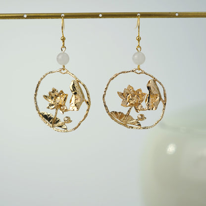 Golden Lily Pad and Lotus Flower Dangle Earrings | Water Lily Flower Dangle Earrings