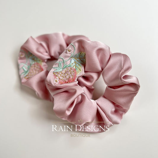 Strawberry Pattern Embroidered Scrunchies