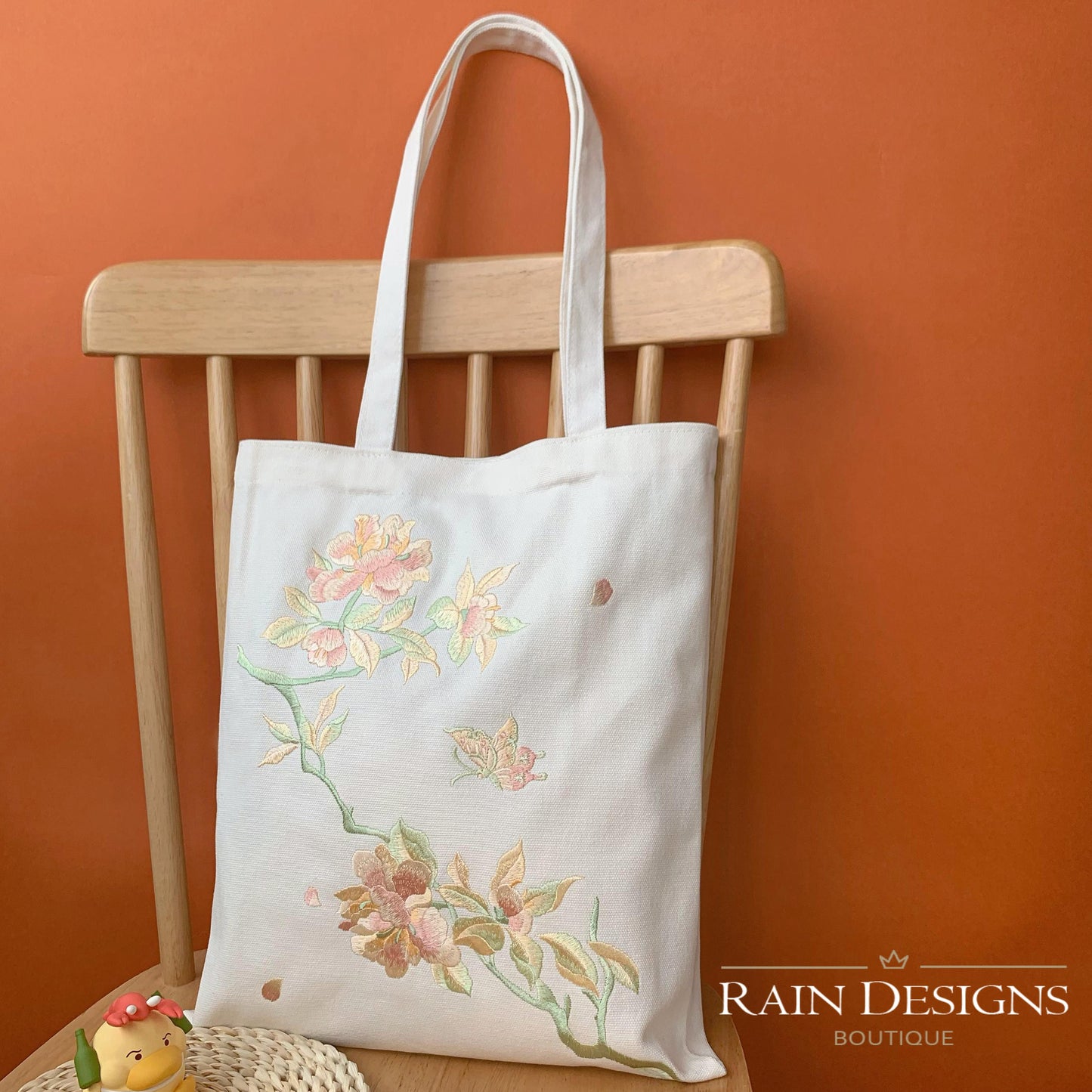 Peony Floral Embroidery Tote Bag