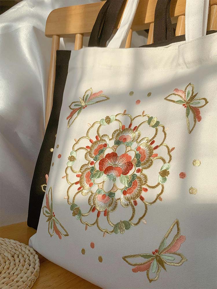 Tote de lona bordado de medallón floral de seda, bolso de bordado de flores, regalo para ella