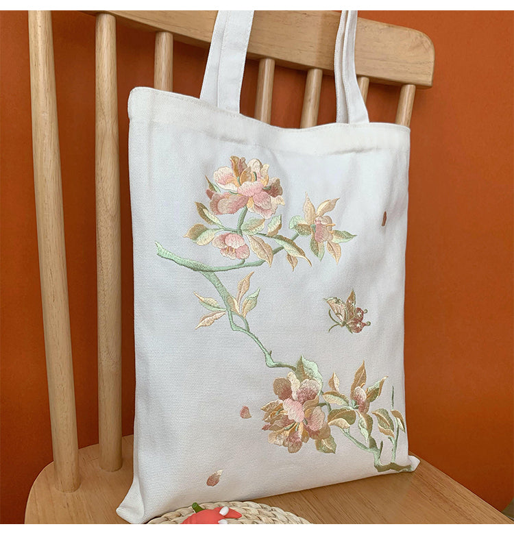 Peony Floral Embroidery Tote Bag