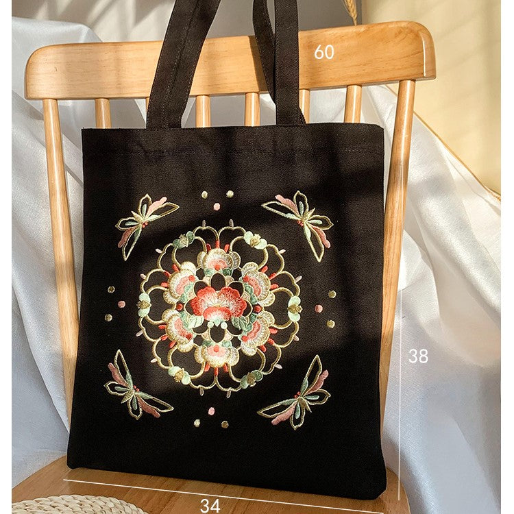 Tote de lona bordado de medallón floral de seda, bolso de bordado de flores, regalo para ella