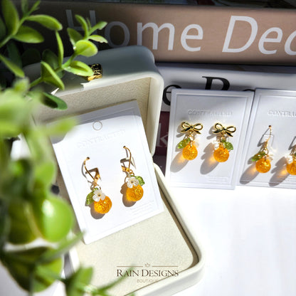 Gold Orange Fruit Dangle Earrings