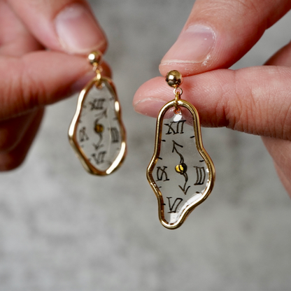 Melting Dali Clock Earrings |Hand-painted Gold and Silver Dali's Soft Watches | Resin Modern Art Earrings