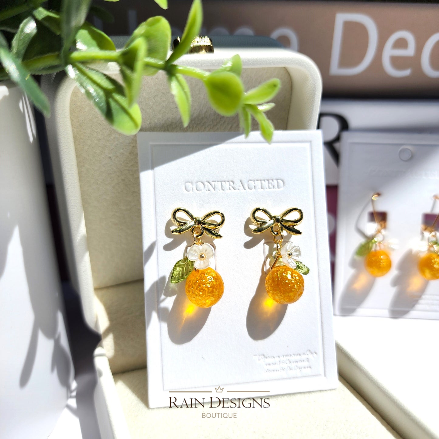 Gold Orange Fruit Dangle Earrings