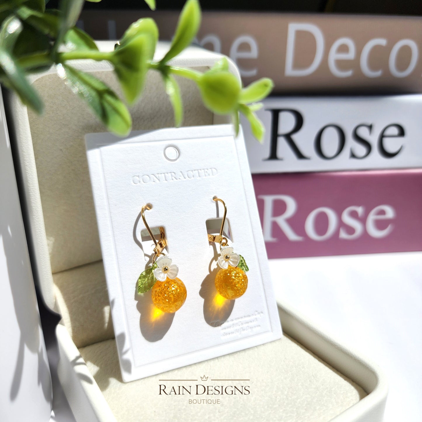 Gold Orange Fruit Dangle Earrings