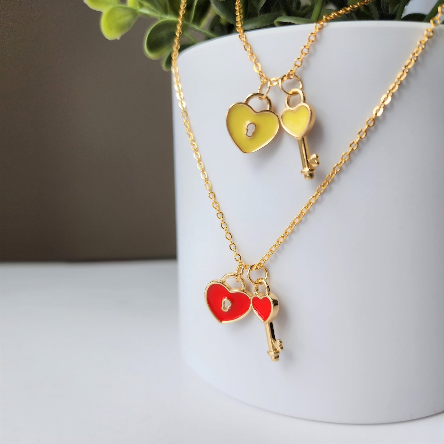 Red Heart Necklace, Love Heart lock and Key Gold Necklace,Bridesmaid Gift, Bridal Shower Gift, Flower Girl Necklace, Birthday Gift
