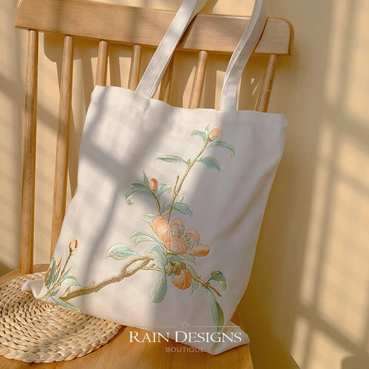 Peach blossom embroidery tote bag, Peach flower hand embroidery canvas tote bag, Gift for her