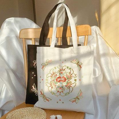 Tote de lona bordado de medallón floral de seda, bolso de bordado de flores, regalo para ella