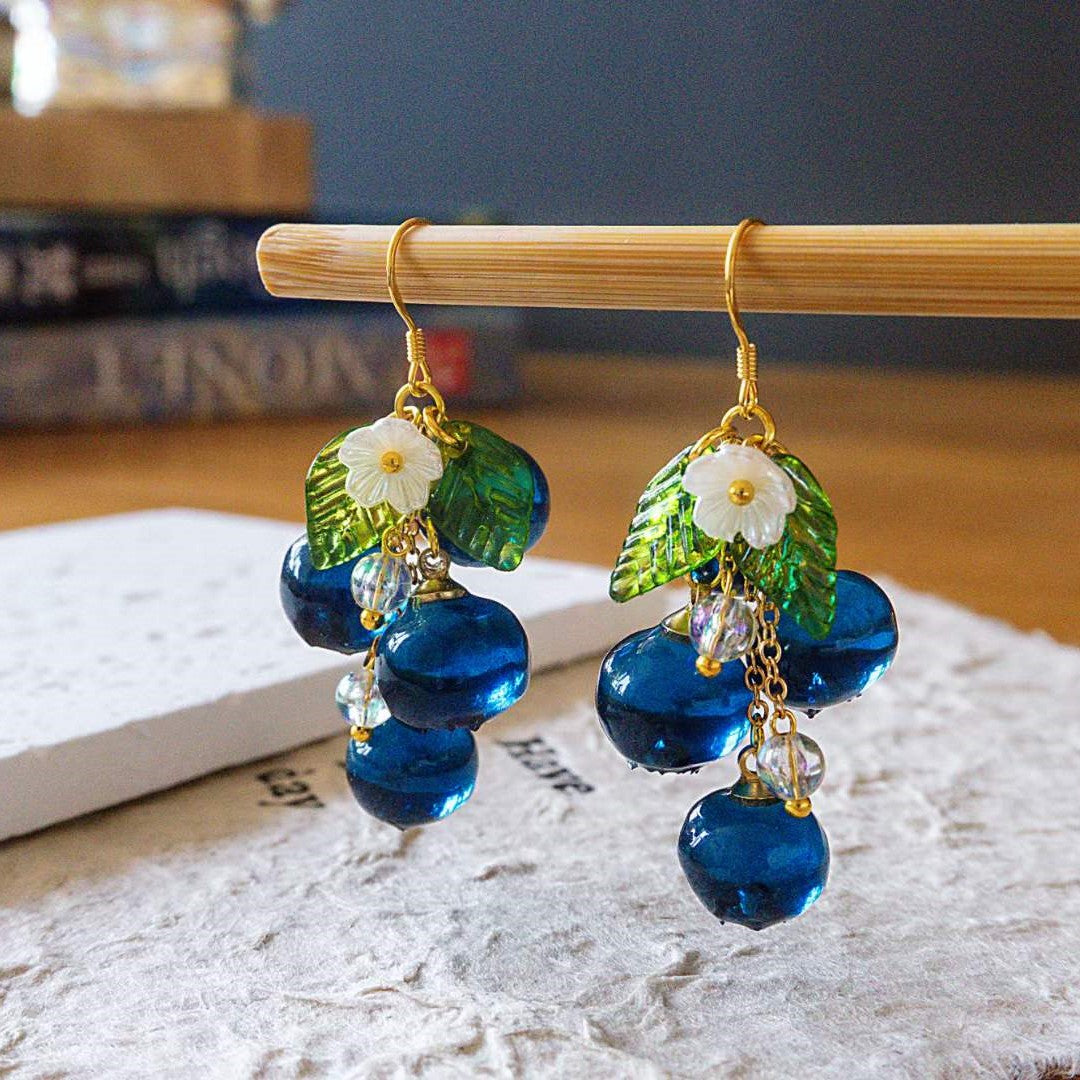 Luxury Blueberry Fruit Cluster Earrings | Handmade Resin Art Blueberry Dangle Earrings