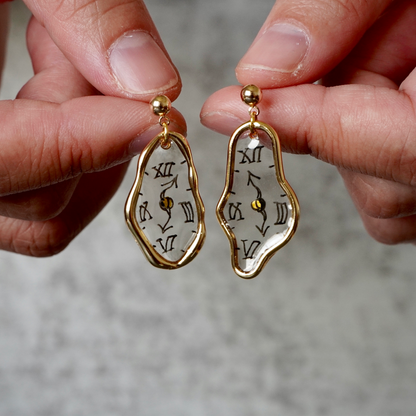 Melting Dali Clock Earrings |Hand-painted Gold and Silver Dali's Soft Watches | Resin Modern Art Earrings