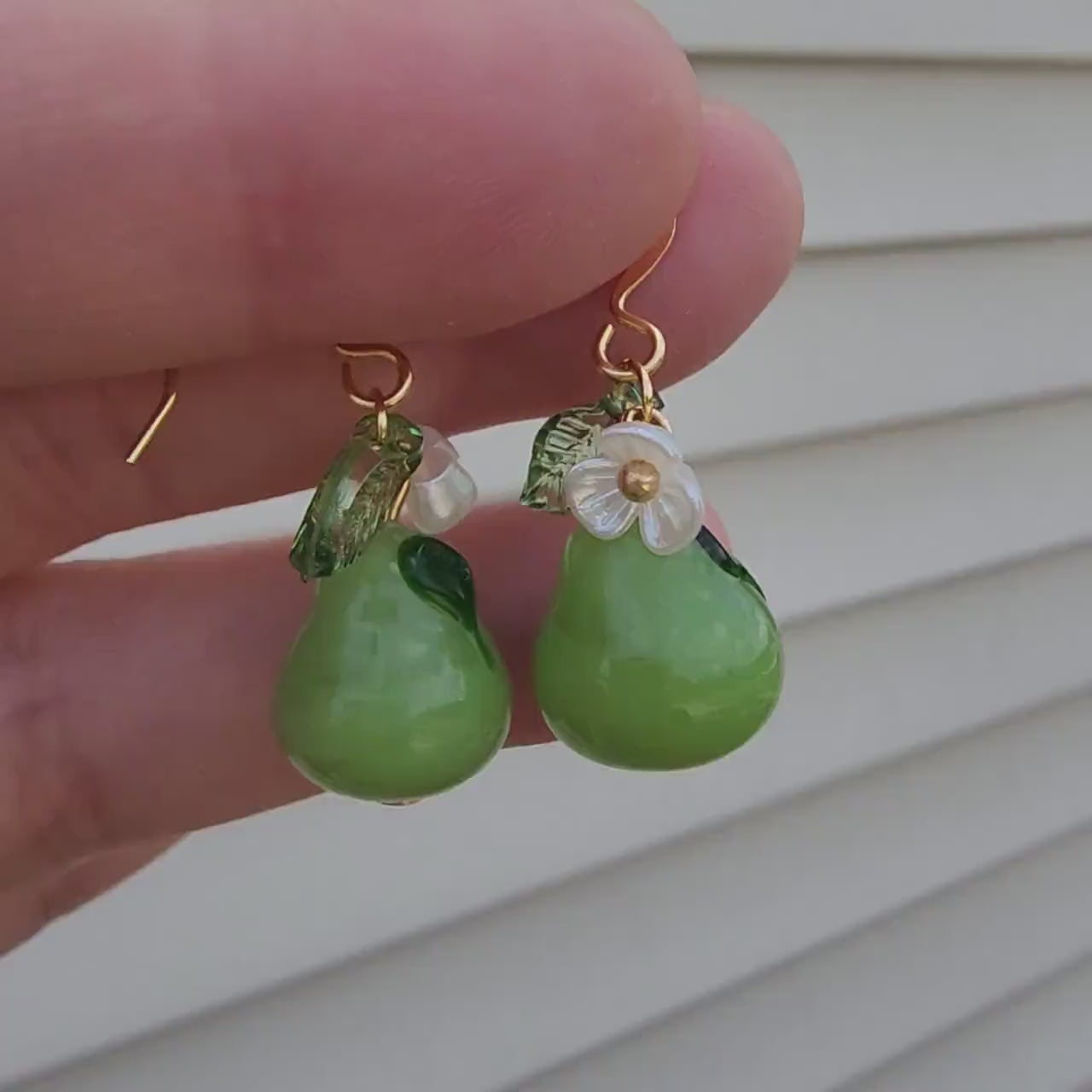 Pear earrings, Glass fruit dangle earrings, Food earrings, gift for her