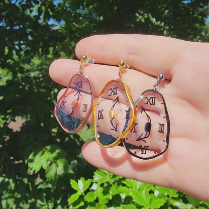 XL Melting Clocks Dangle Earrings | Hand-painted Dali's Soft Watches Earrings | Resin 925 Silver Modern Art Fun Earrings