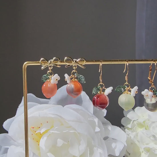 Peach earrings, Glass peach dangle earrings, Fruit earrings, Food earrings