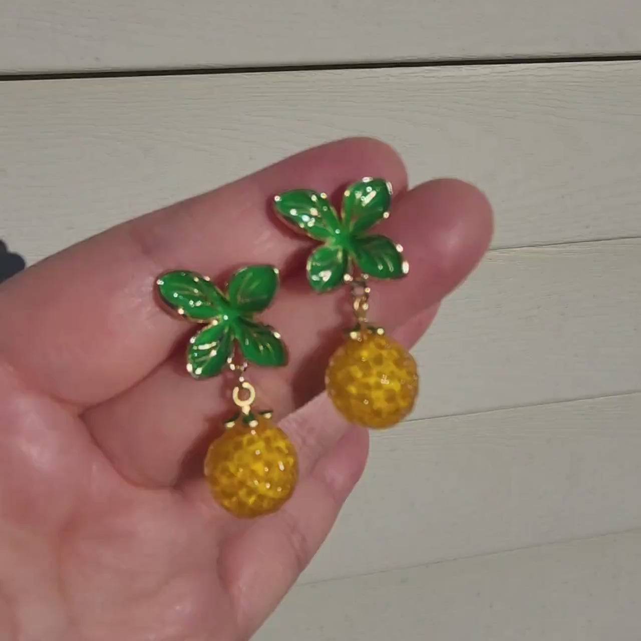 Orange earrings, glass yellow orange mandarin earrings, food earrings, fruit earrings, unique, special cute orange with big leaf